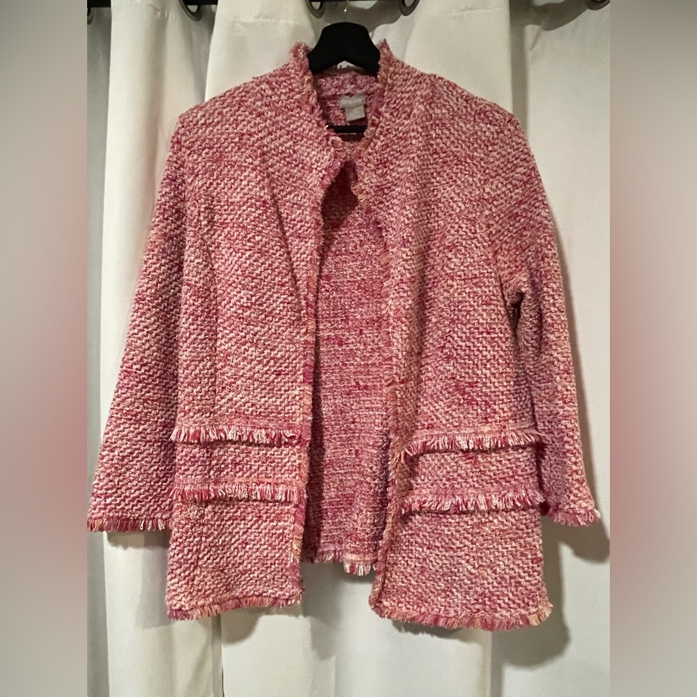 Chico’s Textured Pink Fringe Jacket – Size 0 (Fits Like a Small)